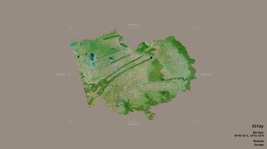 Altay bölgesi, Rusya toprakları, jeoreferatlı bir sınır kutusunda sağlam bir arka planda izole edilmiş. Etiketler. Uydu görüntüleri. 3B görüntüleme