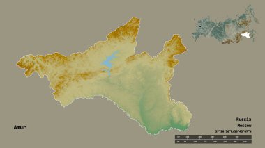 Amur 'un şekli, Rusya bölgesi, başkenti sağlam bir zemin üzerinde izole edilmiş. Uzaklık ölçeği, bölge önizlemesi ve etiketleri. Topografik yardım haritası. 3B görüntüleme