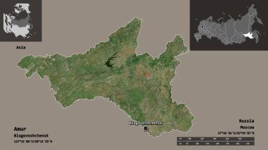 Amur 'un şekli, Rusya bölgesi ve başkenti. Uzaklık ölçeği, ön gösterimler ve etiketler. Uydu görüntüleri. 3B görüntüleme