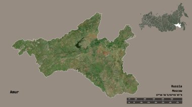 Amur 'un şekli, Rusya bölgesi, başkenti sağlam bir zemin üzerinde izole edilmiş. Uzaklık ölçeği, bölge önizlemesi ve etiketleri. Uydu görüntüleri. 3B görüntüleme