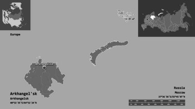 Arkhangel 'in şekli, Rusya bölgesi ve başkenti. Uzaklık ölçeği, ön gösterimler ve etiketler. Çift seviyeli yükseklik haritası. 3B görüntüleme