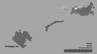 Rusya 'nın başkenti Arkhangel' in Arkhangel 'in şeklinin katı bir zemin üzerinde izole edilmiş hali. Uzaklık ölçeği, bölge önizlemesi ve etiketleri. Çift seviyeli yükseklik haritası. 3B görüntüleme