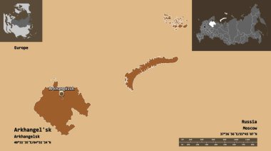 Arkhangel 'in şekli, Rusya bölgesi ve başkenti. Uzaklık ölçeği, ön gösterimler ve etiketler. Düzenli desenli dokuların bileşimi. 3B görüntüleme