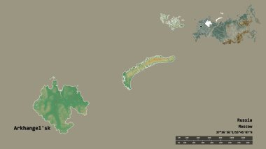 Rusya 'nın başkenti Arkhangel' in Arkhangel 'in şeklinin katı bir zemin üzerinde izole edilmiş hali. Uzaklık ölçeği, bölge önizlemesi ve etiketleri. Topografik yardım haritası. 3B görüntüleme