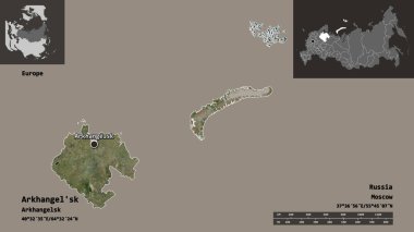 Arkhangel 'in şekli, Rusya bölgesi ve başkenti. Uzaklık ölçeği, ön gösterimler ve etiketler. Uydu görüntüleri. 3B görüntüleme