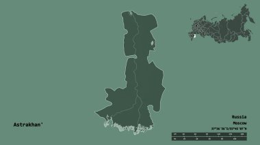 Rusya 'nın Astrakhan bölgesi, başkenti sağlam bir zemin üzerinde izole edilmiş. Uzaklık ölçeği, bölge önizlemesi ve etiketleri. Renkli yükseklik haritası. 3B görüntüleme