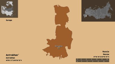 Astrakhan 'ın şekli, Rusya bölgesi ve başkenti. Uzaklık ölçeği, ön gösterimler ve etiketler. Düzenli desenli dokuların bileşimi. 3B görüntüleme