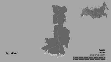Rusya 'nın Astrakhan bölgesi, başkenti sağlam bir zemin üzerinde izole edilmiş. Uzaklık ölçeği, bölge önizlemesi ve etiketleri. Çift seviyeli yükseklik haritası. 3B görüntüleme