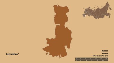 Rusya 'nın Astrakhan bölgesi, başkenti sağlam bir zemin üzerinde izole edilmiş. Uzaklık ölçeği, bölge önizlemesi ve etiketleri. Düzenli desenli dokuların bileşimi. 3B görüntüleme