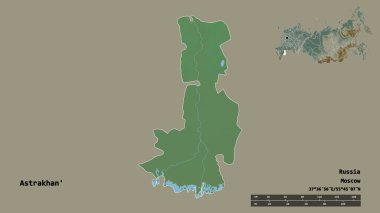 Rusya 'nın Astrakhan bölgesi, başkenti sağlam bir zemin üzerinde izole edilmiş. Uzaklık ölçeği, bölge önizlemesi ve etiketleri. Topografik yardım haritası. 3B görüntüleme
