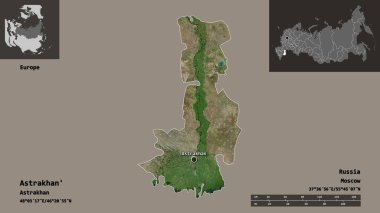 Astrakhan 'ın şekli, Rusya bölgesi ve başkenti. Uzaklık ölçeği, ön gösterimler ve etiketler. Uydu görüntüleri. 3B görüntüleme