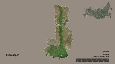 Rusya 'nın Astrakhan bölgesi, başkenti sağlam bir zemin üzerinde izole edilmiş. Uzaklık ölçeği, bölge önizlemesi ve etiketleri. Uydu görüntüleri. 3B görüntüleme