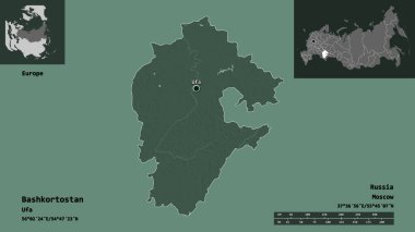Bashkortostan 'ın şekli, Rusya Cumhuriyeti ve başkenti. Uzaklık ölçeği, ön gösterimler ve etiketler. Renkli yükseklik haritası. 3B görüntüleme
