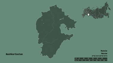 Başkenti sağlam bir arka planda izole edilmiş, Rusya Cumhuriyeti 'nin Bashkortostan şekli. Uzaklık ölçeği, bölge önizlemesi ve etiketleri. Renkli yükseklik haritası. 3B görüntüleme