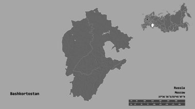 Başkenti sağlam bir arka planda izole edilmiş, Rusya Cumhuriyeti 'nin Bashkortostan şekli. Uzaklık ölçeği, bölge önizlemesi ve etiketleri. Çift seviyeli yükseklik haritası. 3B görüntüleme
