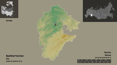 Bashkortostan 'ın şekli, Rusya Cumhuriyeti ve başkenti. Uzaklık ölçeği, ön gösterimler ve etiketler. Topografik yardım haritası. 3B görüntüleme