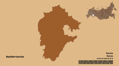 Başkenti sağlam bir arka planda izole edilmiş, Rusya Cumhuriyeti 'nin Bashkortostan şekli. Uzaklık ölçeği, bölge önizlemesi ve etiketleri. Düzenli desenli dokuların bileşimi. 3B görüntüleme