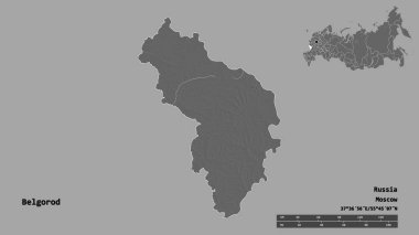 Belgorod 'un şekli, Rusya bölgesi, başkenti sağlam bir zemin üzerinde izole edilmiş. Uzaklık ölçeği, bölge önizlemesi ve etiketleri. Çift seviyeli yükseklik haritası. 3B görüntüleme