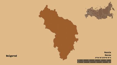 Belgorod 'un şekli, Rusya bölgesi, başkenti sağlam bir zemin üzerinde izole edilmiş. Uzaklık ölçeği, bölge önizlemesi ve etiketleri. Düzenli desenli dokuların bileşimi. 3B görüntüleme