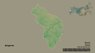 Belgorod 'un şekli, Rusya bölgesi, başkenti sağlam bir zemin üzerinde izole edilmiş. Uzaklık ölçeği, bölge önizlemesi ve etiketleri. Topografik yardım haritası. 3B görüntüleme
