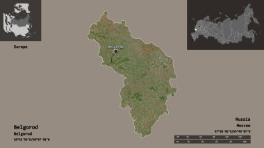 Belgorod 'un şekli, Rusya bölgesi ve başkenti. Uzaklık ölçeği, ön gösterimler ve etiketler. Uydu görüntüleri. 3B görüntüleme