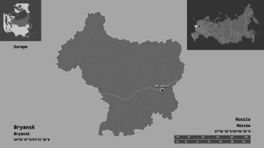 Bryansk 'ın şekli, Rusya bölgesi ve başkenti. Uzaklık ölçeği, ön gösterimler ve etiketler. Çift seviyeli yükseklik haritası. 3B görüntüleme