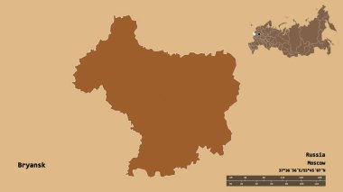 Rusya 'nın Bryansk bölgesi, başkenti sağlam bir zemin üzerinde izole edilmiş. Uzaklık ölçeği, bölge önizlemesi ve etiketleri. Düzenli desenli dokuların bileşimi. 3B görüntüleme