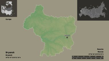 Bryansk 'ın şekli, Rusya bölgesi ve başkenti. Uzaklık ölçeği, ön gösterimler ve etiketler. Topografik yardım haritası. 3B görüntüleme