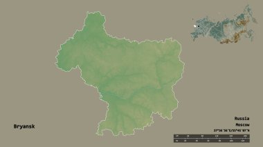 Rusya 'nın Bryansk bölgesi, başkenti sağlam bir zemin üzerinde izole edilmiş. Uzaklık ölçeği, bölge önizlemesi ve etiketleri. Topografik yardım haritası. 3B görüntüleme