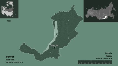 Buryat 'ın şekli, Rusya Cumhuriyeti ve başkenti. Uzaklık ölçeği, ön gösterimler ve etiketler. Renkli yükseklik haritası. 3B görüntüleme