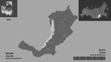 Buryat 'ın şekli, Rusya Cumhuriyeti ve başkenti. Uzaklık ölçeği, ön gösterimler ve etiketler. Çift seviyeli yükseklik haritası. 3B görüntüleme