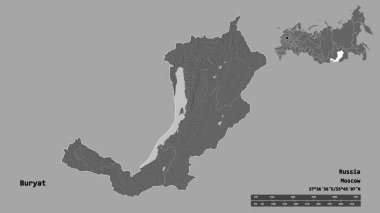Rusya Cumhuriyeti 'nin Buryat şekli, başkenti sağlam bir zemin üzerinde izole edilmiştir. Uzaklık ölçeği, bölge önizlemesi ve etiketleri. Çift seviyeli yükseklik haritası. 3B görüntüleme