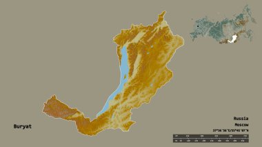 Rusya Cumhuriyeti 'nin Buryat şekli, başkenti sağlam bir zemin üzerinde izole edilmiştir. Uzaklık ölçeği, bölge önizlemesi ve etiketleri. Topografik yardım haritası. 3B görüntüleme
