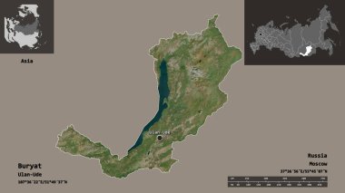 Buryat 'ın şekli, Rusya Cumhuriyeti ve başkenti. Uzaklık ölçeği, ön gösterimler ve etiketler. Uydu görüntüleri. 3B görüntüleme