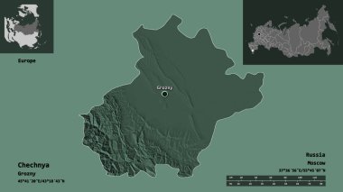 Çeçenistan 'ın şekli, Rusya Cumhuriyeti ve başkenti. Uzaklık ölçeği, ön gösterimler ve etiketler. Renkli yükseklik haritası. 3B görüntüleme