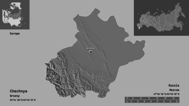 Çeçenistan 'ın şekli, Rusya Cumhuriyeti ve başkenti. Uzaklık ölçeği, ön gösterimler ve etiketler. Çift seviyeli yükseklik haritası. 3B görüntüleme