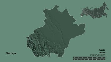 Çeçenistan 'ın şekli, Rusya Cumhuriyeti, başkenti sağlam arka planda izole edilmiş. Uzaklık ölçeği, bölge önizlemesi ve etiketleri. Renkli yükseklik haritası. 3B görüntüleme