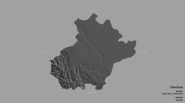 Çeçenistan bölgesi, Rusya Cumhuriyeti, jeoreferatlı bir sınır kutusunda sağlam bir arka planda izole edilmiş. Etiketler. Çift seviyeli yükseklik haritası. 3B görüntüleme
