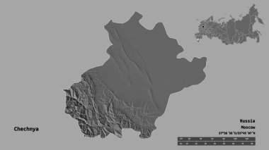 Çeçenistan 'ın şekli, Rusya Cumhuriyeti, başkenti sağlam arka planda izole edilmiş. Uzaklık ölçeği, bölge önizlemesi ve etiketleri. Çift seviyeli yükseklik haritası. 3B görüntüleme