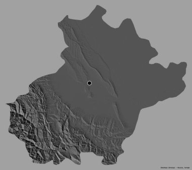 Çeçenistan 'ın şekli, Rusya Cumhuriyeti, başkenti katı renk arka planında izole edilmiş. Çift seviyeli yükseklik haritası. 3B görüntüleme
