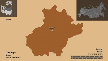 Çeçenistan 'ın şekli, Rusya Cumhuriyeti ve başkenti. Uzaklık ölçeği, ön gösterimler ve etiketler. Düzenli desenli dokuların bileşimi. 3B görüntüleme