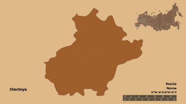 Çeçenistan 'ın şekli, Rusya Cumhuriyeti, başkenti sağlam arka planda izole edilmiş. Uzaklık ölçeği, bölge önizlemesi ve etiketleri. Düzenli desenli dokuların bileşimi. 3B görüntüleme