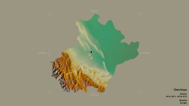 Çeçenistan bölgesi, Rusya Cumhuriyeti, jeoreferatlı bir sınır kutusunda sağlam bir arka planda izole edilmiş. Etiketler. Topografik yardım haritası. 3B görüntüleme