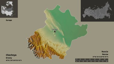 Çeçenistan 'ın şekli, Rusya Cumhuriyeti ve başkenti. Uzaklık ölçeği, ön gösterimler ve etiketler. Topografik yardım haritası. 3B görüntüleme