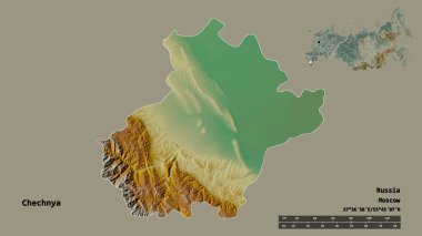Çeçenistan 'ın şekli, Rusya Cumhuriyeti, başkenti sağlam arka planda izole edilmiş. Uzaklık ölçeği, bölge önizlemesi ve etiketleri. Topografik yardım haritası. 3B görüntüleme