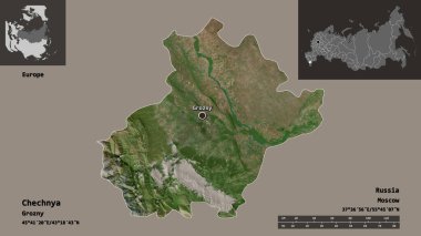 Çeçenistan 'ın şekli, Rusya Cumhuriyeti ve başkenti. Uzaklık ölçeği, ön gösterimler ve etiketler. Uydu görüntüleri. 3B görüntüleme