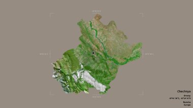 Çeçenistan bölgesi, Rusya Cumhuriyeti, jeoreferatlı bir sınır kutusunda sağlam bir arka planda izole edilmiş. Etiketler. Uydu görüntüleri. 3B görüntüleme