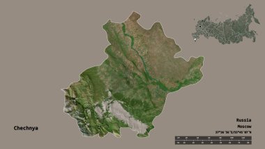 Çeçenistan 'ın şekli, Rusya Cumhuriyeti, başkenti sağlam arka planda izole edilmiş. Uzaklık ölçeği, bölge önizlemesi ve etiketleri. Uydu görüntüleri. 3B görüntüleme