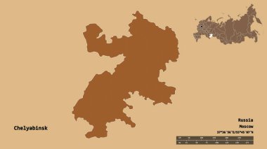 Rusya 'nın başkenti Chelyabinsk' in katı arka planda izole edilmiş hali. Uzaklık ölçeği, bölge önizlemesi ve etiketleri. Düzenli desenli dokuların bileşimi. 3B görüntüleme