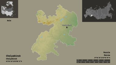 Chelyabinsk 'in şekli, Rusya bölgesi ve başkenti. Uzaklık ölçeği, ön gösterimler ve etiketler. Topografik yardım haritası. 3B görüntüleme